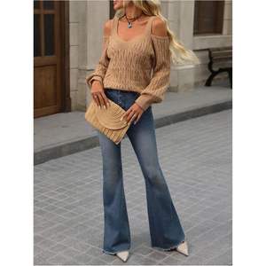 เสื้อสเวตเตอร์ไหมพรมถักลายเคเบิ้ลแบบเปิดไหล่สำหรับผู้หญิง คอวี แขนยาว สวมใส่สบายๆ สำหรับฤดูใบไม้ร่วง - Product Image 2