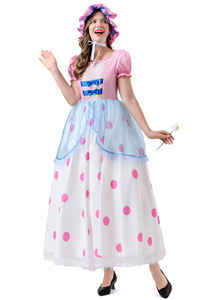 Disfraz de Pastora para Mujer al por Mayor, Vestido Maxi Rosa Pastel con Puntos Azules, Manga Abullonada, Gorro, Disfraz de Princesa para Juego de Rol - Product Image 6