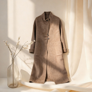 Женское роскошное пальто оверсайз из двусторонней шерсти с эффектом мягкого прикосновения, бордовое, удлиненное, с воротником-стойкой и декоративными пуговицами, осеннее - Product Image 4