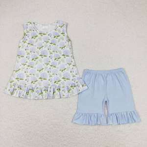 Vendita all'Ingrosso di Completi Estivi per Bambine, Abiti con Fiori Blu, Set di Vestiti Coordinati per Sorelle - Product Image 2