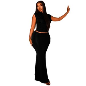 Conjunto <span class=keywords><strong>de</strong></span> Ropa <span class=keywords><strong>de</strong></span> Verano para <span class=keywords><strong>Mujer</strong></span>, Color Sólido, Cuello Diagonal, Top Corto, Falda con Cintura Alta y Bolsillo en la Cadera - Product Image 5