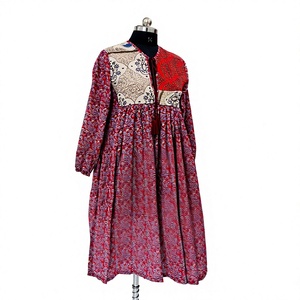 Vestido Anarkali Kurta Midi Boho de Algodón Tejido Rojo, Estilo Étnico, Corte en A, Transpirable, de Manga Larga, con Estampado Floral, Cintura Imperio, para Uso Diario de Verano - Product Image 1