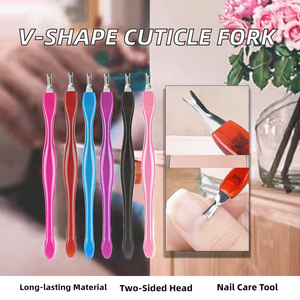 Couteau à cuticules, fourchette pour éliminer les peaux mortes, en acier inoxydable, coupe-cuticules en forme de V, repousse-cuticules réutilisable, double usage, en plastique - Product Image 2