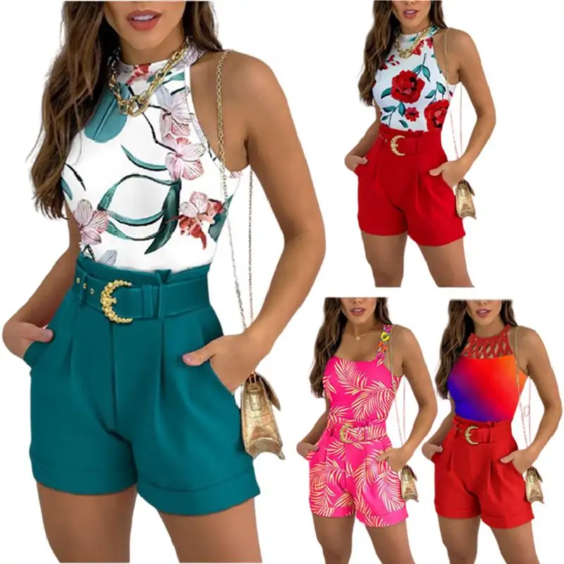 Trendy Two Piece Set Women Clothing Hollow Out Vest Print 2 Piece Short Set Women Summer 2023 Outfits For Women With Belt