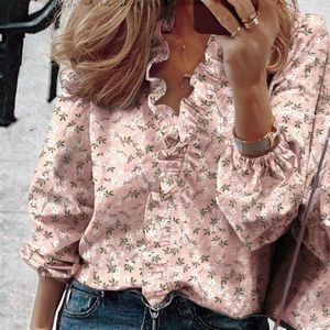 Blouse élégante et douce pour femme, style vintage, printemps-été, pull-over, nouvelle collection, à volants, manches longues, col en V, imprimé, tricoté, uni, teint. Tailles S-5XL. - Product Image 3