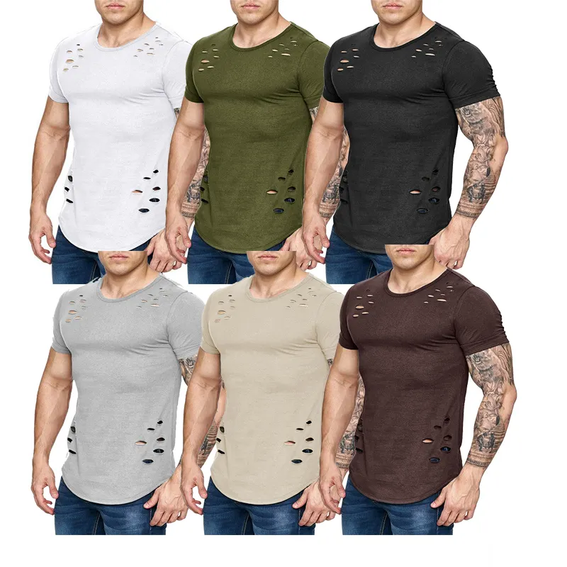 Hole ripped t shirts men short sleeve t-shirt fitness summer clothes men's funny solid t shirt streetwear slim tops tees