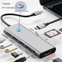 Hub USB-C vers Type-C avec 9 ports (USB3.0*1 USB2.0*2 DC HD4K 60Hz S-D/TF PD100W Audio OTP) en alliage d'aluminium pour ordinateur portable