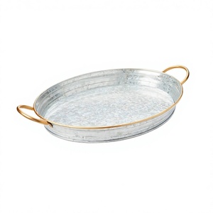 Plateau de service ovale de qualité supérieure avec poignées en métal doré, couleur grise, plateau alimentaire galvanisé en Inde - Product Image 1