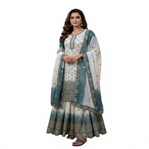 Salwar Kameez en soie blanc et turquoise pour femme avec broderie, tenue de mariage traditionnelle, longueur au sol, coupe classique, Inde Pakistan - Product Image 1