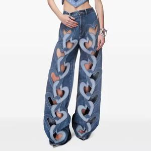 Jean ample taille haute pour femme, style décontracté, patchwork, en denim, avec broderies décoratives, trous brodés, motif dessin animé sexy - Product Image 3