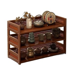 Desktop Shelf <b>3</b> Tier Small Wood Storage Rack For Tea Set And Purple Clay Teapot Display On Office Desk - Product Image 5