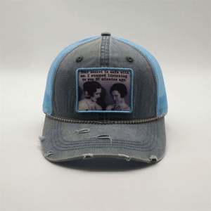 Custom High Quality 100% Pigment Wash Cotton Printed Patch <b>Grey</b> Distressed Ponytail <b>Baseball</b> <b>Caps</b> Hat - Product Image 1