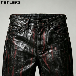 Jean baggy à coupe et couture, effet ciré, clouté, en denim épais, à rayures rouges, coupe large, style Darkwear, en gros - Product Image 5