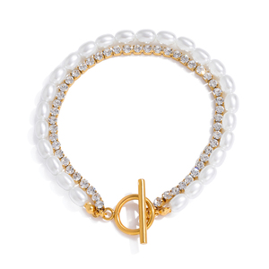 Pulsera J&D de Acero Inoxidable con Baño de Oro PVD de 18K, Antideslustre, de Doble Capa, con Piedras de Estrás y Cierre de Mosquetón - Product Image 4