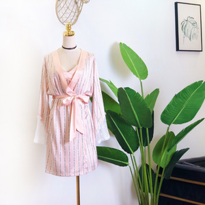 Femme Satin Sexy <span class=keywords><strong>Robe</strong></span> De Nuit Lace Women Robes Pink and Black Letter Dames 2 piezas de manga larga a rayas batas de baño - Product Image 6