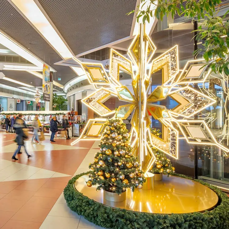 Commercial Christmas Large Led Golden Snowflake Lights Decoration For Mall Holiday Display