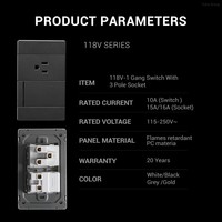 Interrupteur mural tactile, panneau tactile, style électrique sud-américain, 16A 250V, design minimaliste, indice de protection IP20, durable, installation facile, PC