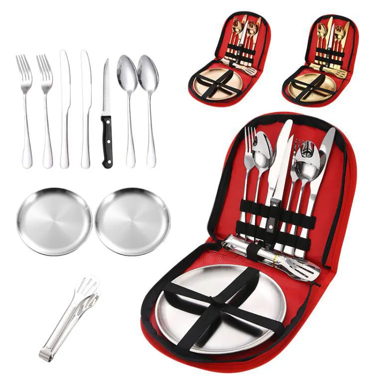 Set di posate per pentole portatili da esterno kit da cucina per escursionismo da campeggio Set di stoviglie da picnic con forchetta e cucchiaio in acciaio inossidabile