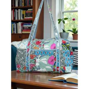 Bolsa de lona grande, bolsa de almacenamiento de algodón, bolsa de viaje acolchada hecha a mano, bolsa de hombro de tamaño estándar con estampado de bloques, bolsa de compras estilo boho. - Product Image 1