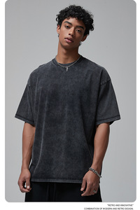 T-shirt Homme en Coton Fin Lavé Style Vintage Batik 275GSM Col Bas Ample Style Urbain Décontracté Logo Personnalisé Vente en Gros - Product Image 3