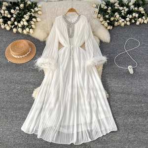 <span class=keywords><strong>M</strong></span>-3XL镂空钻石镶钻连衣裙宽松系带连衣裙，带毛茸茸袖子腰褶雪纺休闲连衣裙 - Product Image 3