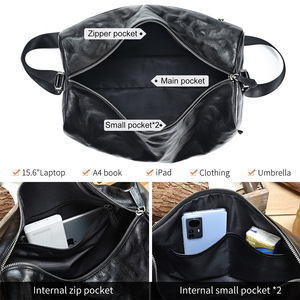 Dujiang Men's Genuine Leather Shoulder <b>Bag</b> Large Capacity Travel Business Gym Crossbody <b>Bag</b> Black Hand-Scratched Texture - Product Image 4
