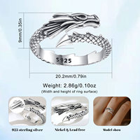 Bague Tête de Dragon Celtique Vintage Merryshine en Argent Sterling 925, Ajustable, pour Homme et Femme, Bijou de Doigt Ouvert pour Fiançailles