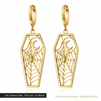 Pendientes Colgantes Góticos AIU Jewelry con Diseño de Ataúd, Telaraña y Luna, de Acero Inoxidable 316L con PVD Dorado, Calado, Moda Alternativa para Mujer, OEM ODM al por Mayor