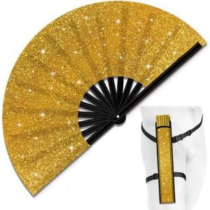 Polyester <b>Fabric</b> Fold Bamboo Fan <b>Glitter</b> Shiny Large Rave Folding Clack Hand Fan for Festival Party Carnival Supplies Women Men - Product Image 1