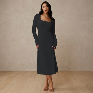 Vestido Midi Sencillo con Cuello Redondo y Manga Corta, Cintura Alta, para Mujer, Casual, Ajustado, Color Sólido, Tejido de Poliéster, para Uso Diario, Todas las Temporadas, Estilo Dulce - Product Image 2