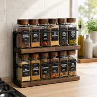 Étagère à épices murale à 2 niveaux avec 12 bocaux en verre, entonnoir et étiquettes, rangement pour épices en bois pour cuisine et garde-manger