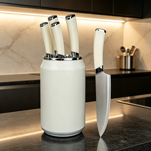 Nouvel ensemble de 5 couteaux de chef et à pain 2026 avec bloc de rangement, lames en acier inoxydable et manches en PP, support en plastique argenté - Product Image 5