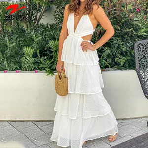 2023 Wholesale Fashion Women's Elegant Party Hollow Out White Lace Waffle Dress