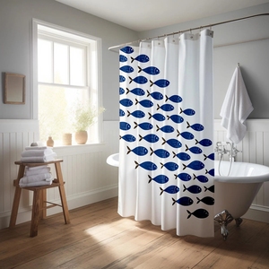 Navy Blue School of Fish Shower <strong>Curtain</strong> Polyester Waterproof <strong>Nautical</strong> Ocean Themed Bathroom <strong>Curtain</strong> - Product Image 5