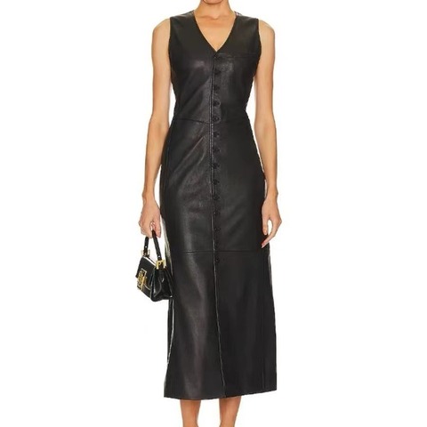 4154 Good Design Wholesale Custom High Waist Split Single Breasted Sleeveless Long Women Leather Dress