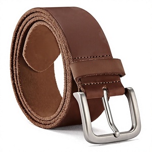 Ceinture en cuir de vachette marron avec boucle rectangulaire argentée, design décontracté et durable - Product Image 1