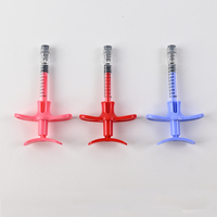 Seringue en verre stérilisée de 1 ml pour produits de comblement cutané, avec embout Luer Lock fin, poignée bleue et tige de piston