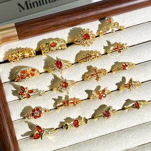 Ensemble de bagues ajustables R109 en laiton plaqué or 18 carats avec zircone cubique <span class=keywords><strong>orange</strong></span>, motifs papillon et fleur, pour femme, bijoux tendance - Product Image 1