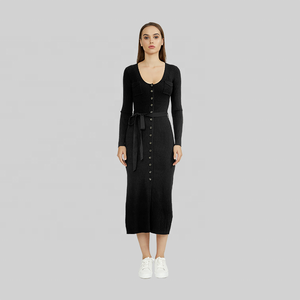 KD Custom Knit maglione produttore collo basso donna doppio petto cintura nera <span class=keywords><strong>abito</strong></span> manica signore aderente Midi maglione vestito - Product Image 4