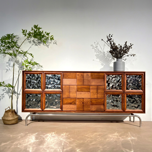 Midcentury Modern Solid Wood <b>Sideboard</b> Cabinet with Textured Glass Panels and Metal Base for Living Room <b>Storage</b> - Product Image 1