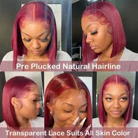 Cabello Humano Liso Brasileño Virgen Rojo 99J para Peluca, Encaje HD 13x4 Pre-Desplumado, Bob Corto para Mujeres Negras