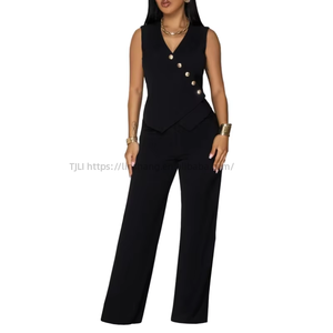 Casual Solid Color Sleeveless V-neck Button Top and Pants Two Piece <b>Set</b> for Women Fashion - Product Image 1