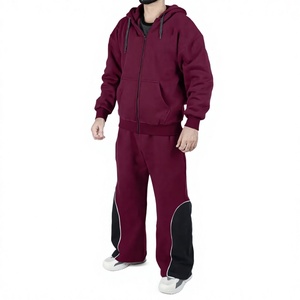 Chándal con Capucha Color Granate para Hombre, Cierre con Cordón, Transpirable, 100% Algodón, Color Sólido, Ropa Casual, Bolsillos Laterales, Detalles en Panel Negro - Product Image 1