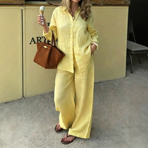 <b>Linen</b> Two-Piece <b>Set</b> Collared Long Sleeve Shirt And Straight Leg Wide Leg Pants Navy Blue Casual Urban Commute Suit Smlxl2xl3xl - Product Image 4