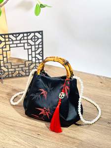 Bolso de Mano de Lujo con Forma de Caña, Dos Correas, Cierre de Cremallera, Tela de Seda Antigua, Bolso Bandolera con Perlas, Estilo Chino Tradicional - Product Image 4