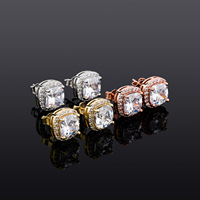 Boucles d'oreilles clous carrées en laiton doré et argenté luxueux avec zircon halo et micro-pavé, idéales pour le hip-hop et les soirées