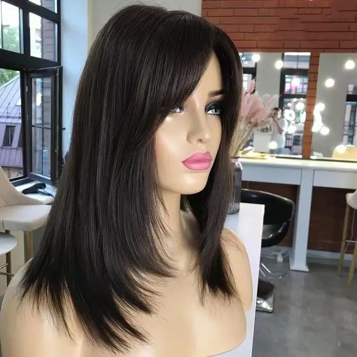 Unprocessed Natural Soft Hair 150% Density Layered Short Bob Fringe Wig 12A Grade Raw Human Hair Lace Front Wigs With Bang