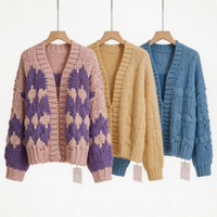 Suéter Abrigo Jacquard de Punto Grueso Rosa Púrpura de Alta Calidad con Cuello en V, Frente Abierto y Hombros Caídos para Mujer