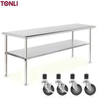 Table de travail commerciale en acier inoxydable NSF, bord arrondi, table de préparation mobile avec roulettes, établi robuste à deux niveaux pour boulangerie