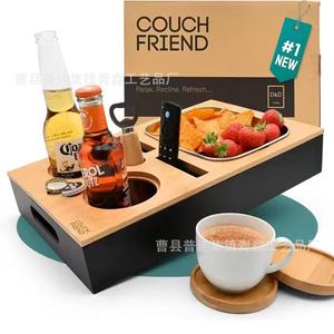 Couch Friend Wooden Storage <b>Tray</b> With Bottle Holder Remote Slot <b>Snack</b> Compartment Desktop Organizer For Living Room Use - Product Image 1
